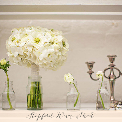 stepford wives wedding shoot white hydrangea bouquets