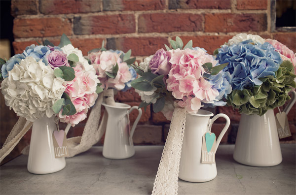 bridesmiads bouquets pink blue green hydranges roses