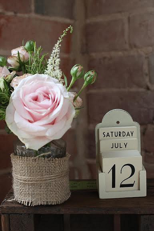 shustoke farm barns wedding flowers passion for flowers jam jar hessian with wedding date