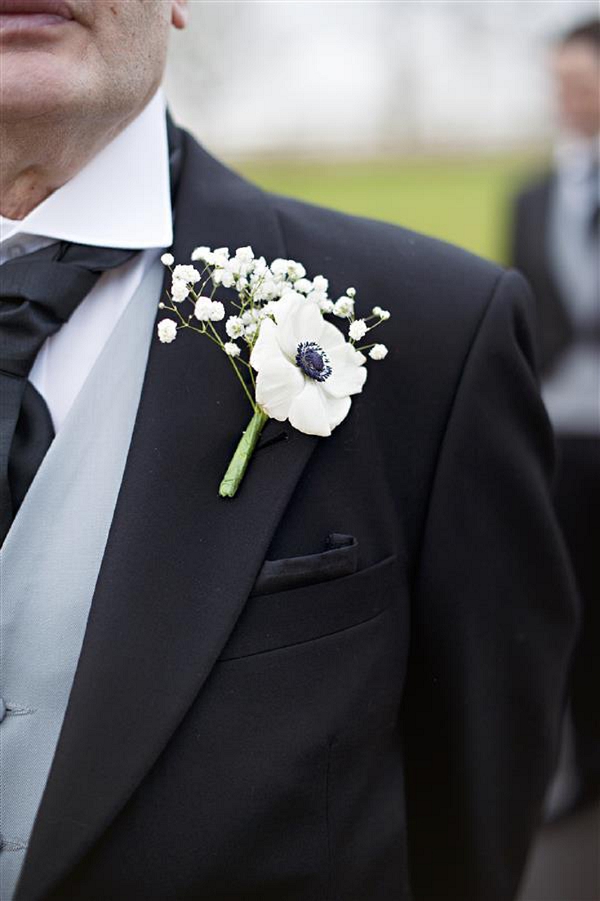 black-and-white-anemone-button-holes winter wonderland wedding