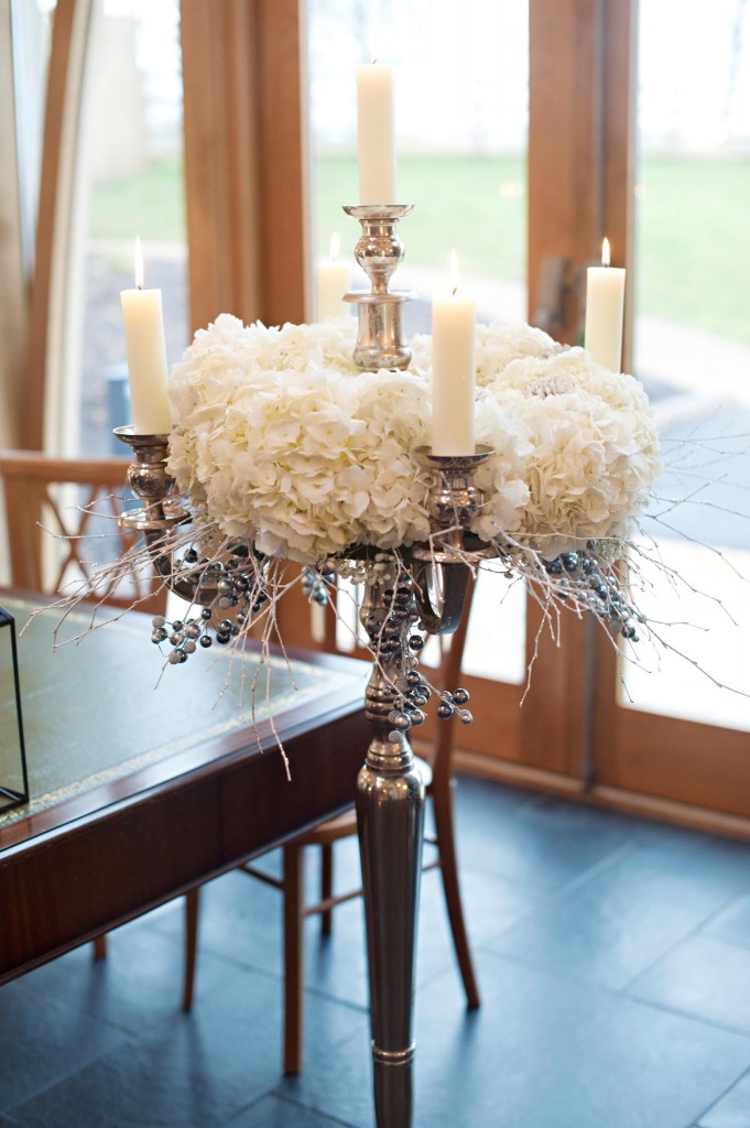 white-hydrangeas-silver-candelabra-wedding-flowers winter wonderland wedding mythe barn