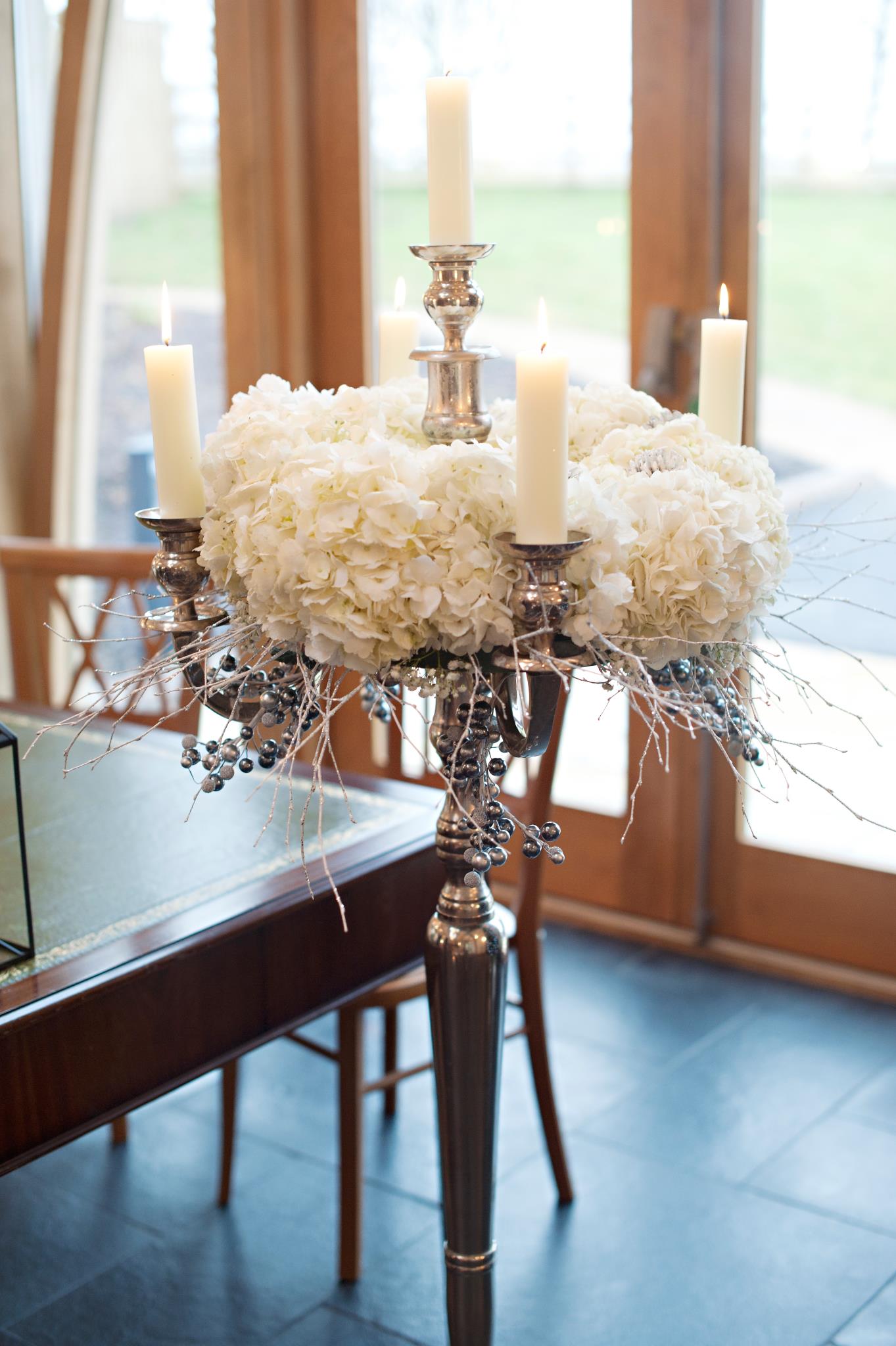 white-hydrangeas-silver-candelabra-wedding-flowers