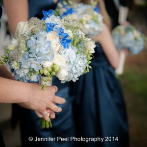 Blue and White Bridesmaids Bouquets with Nave Bridesmaids Dresses by Passion for Flowers