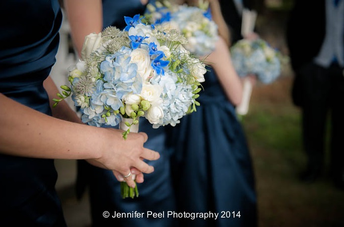 Blue and White Bridesmaids Bouquets with Nave Bridesmaids Dresses by Passion for Flowers