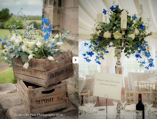 Blue White Flowers in Wooden Crate for Rustic Glamour Wedding at Sandon Hall by Passion for Flowers