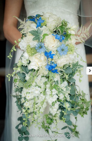 Blue White Trailing Wedding Bouquet by Passion for Flowers 