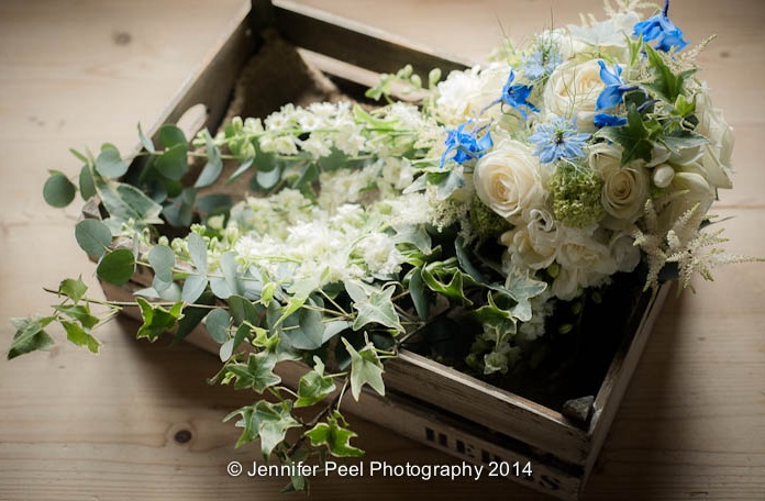 Blue White Trailing Wedding Bouquet by Passion for Flowers