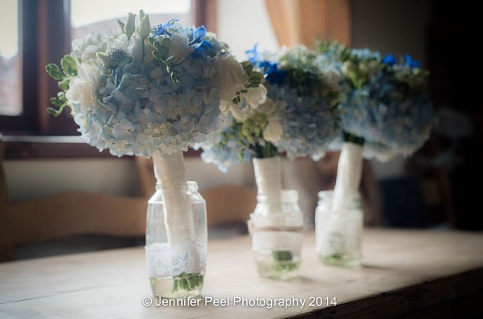 Blue White Wedding Bridesmaids Bouquets in Jar Jars to Keep Them Fresh by Passion for Flowers