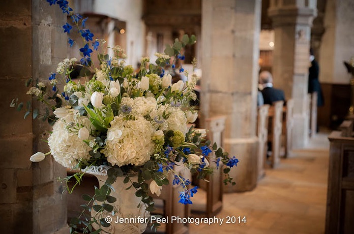 Stone Urn Church Wedding Flowers BLue and White by Passion for Flowers