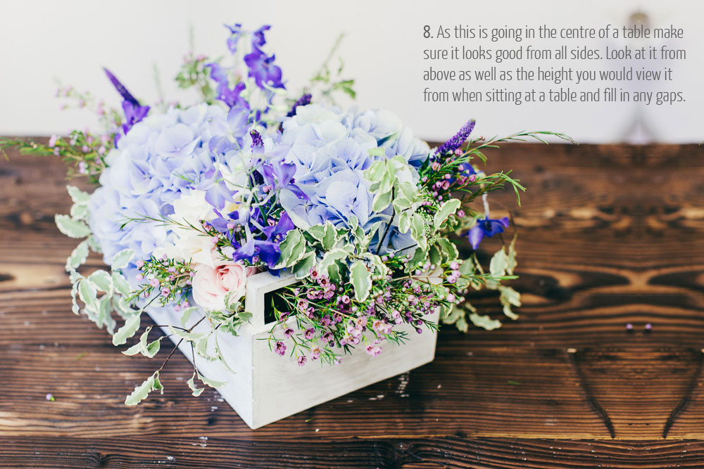 step by step guide how to make a floral wedding centrepiece for rustic weddings using a wooden crate by Passion for Flowers