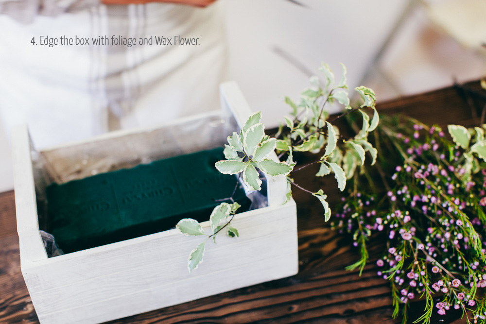 step by step guide how to make a floral wedding centrepiece for rustic weddings using a wooden crate by Passion for Flowers