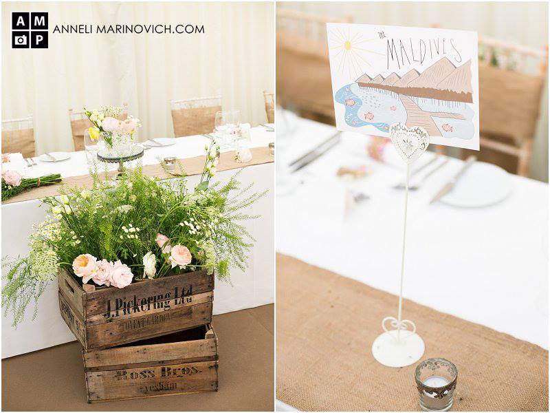 Iscoyd-Park-Wedding-Flowers-rustic-crates-with-flowers-hessian-table-runners