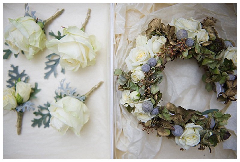 white-grey-wedding-hair-flower-crown-button-holes