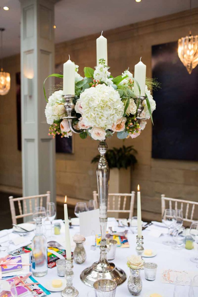 Candelabra Centrepieces Silver peach roses white hydrangeas Hampton Manor Wedding Flowers Passion for Flowers (2)