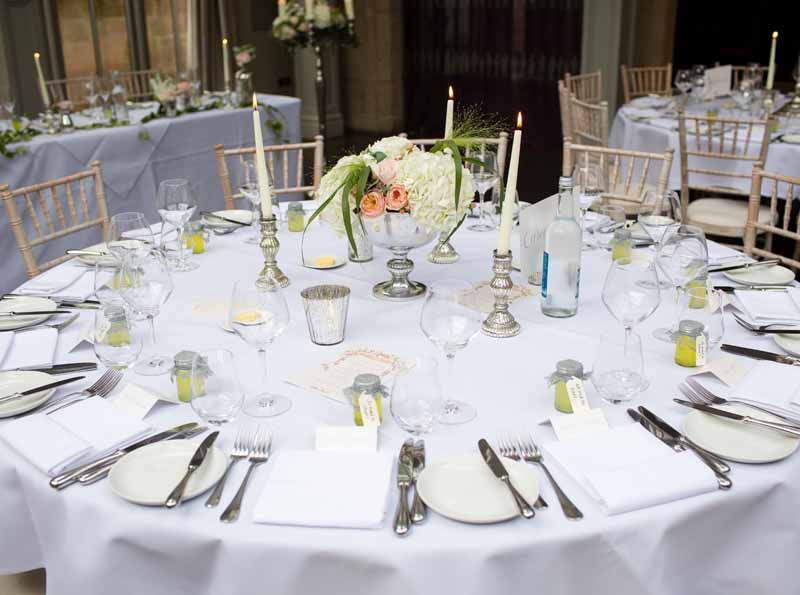 Low centrepices slver bowls with peach roses white hydrangeas Hampton Manor Wedding Flowers Passion for Flowers (41)