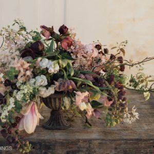 wedding centrepiece loose trailing aysemmetric design passion for flowers autumn colours