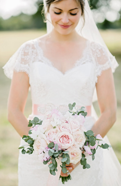 Blush Pink Rose Free Form Weddng Bouquet Trailing with Ribbons (1)