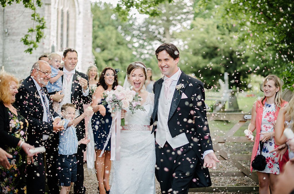 Blush Pink Rose Trailing Wedding Bridal Bouquet with Ribbons - Confetti Throwing ourside Packwod Church