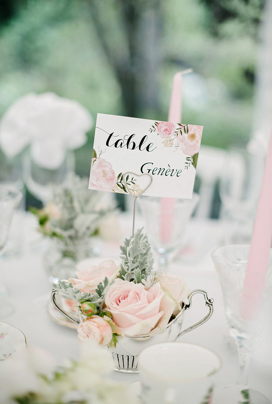 Blush Pink Roses Dusty Miller in Tea Cups for Wedding Table Names