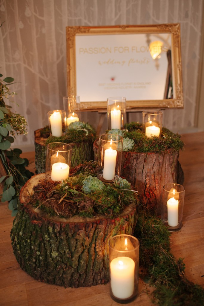 tree stumps logs for rustic wedding ceremony with candles