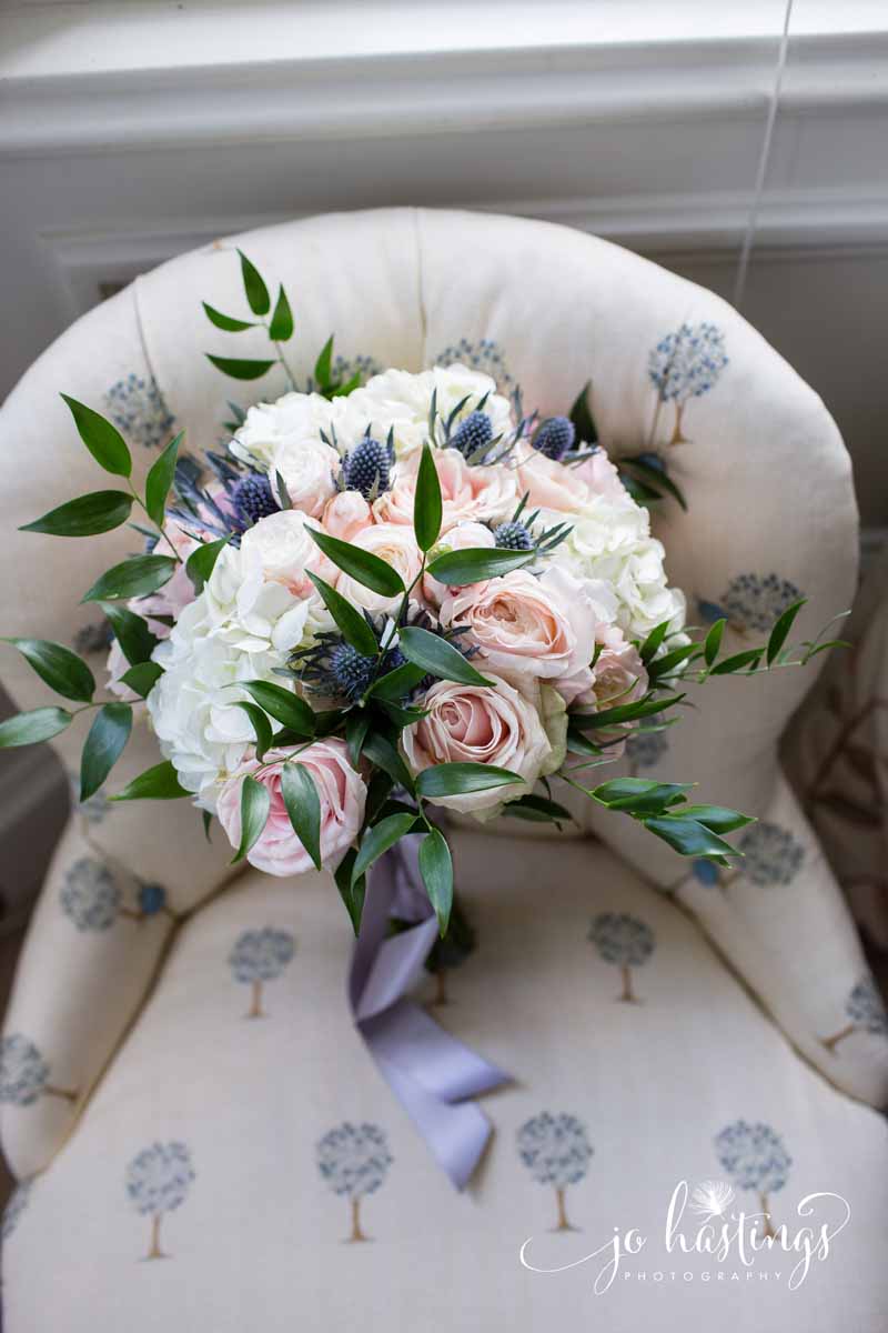 Gorgeous dusky pink and blue bridal bouquet by Passion for Flowers