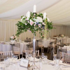 1m tall candelara wedding centrepieces marquee wedding - florist Passion for Flowers based in West Midlands UK