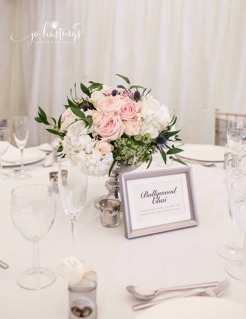 Silver footed bowl centrepieces with blush pink roses, dusty blue thistles white hydrangeas and foligae at Heath House wedding (1)