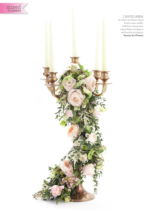 gold candelabra wedding centrepieces featured in wedding flowers magazine by passion for flowers