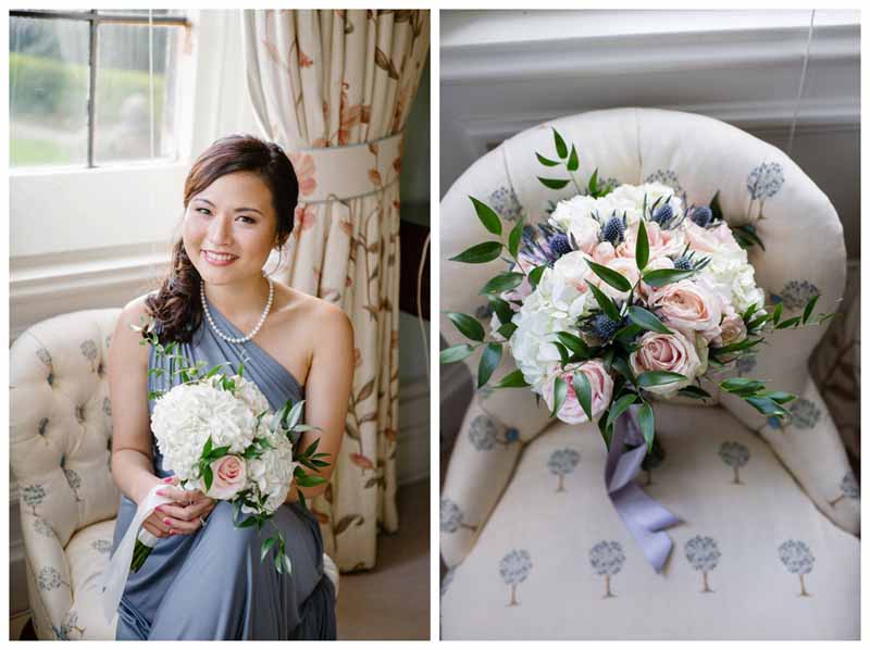 White blush pink and dusky blue bridesmaids bouquet - for dusky blue dresses