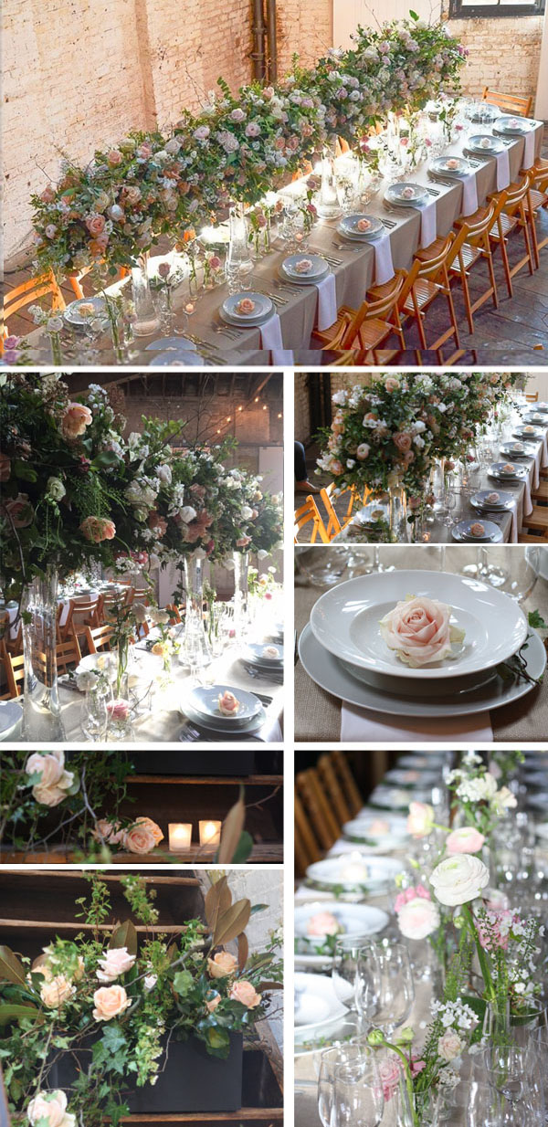 Hanging flowers above long guest tables chapel designers London 2016