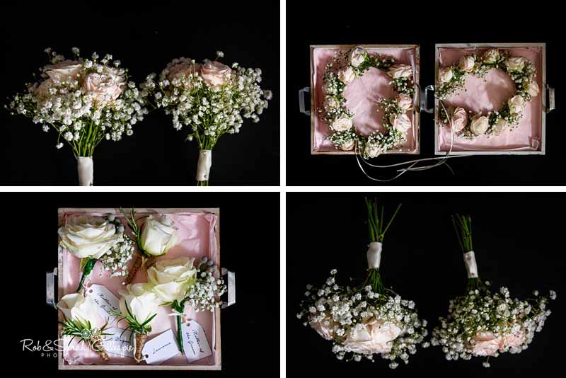 Bridesmaids bouquets and flower crowns roses and babys breath by @kmorganflowers