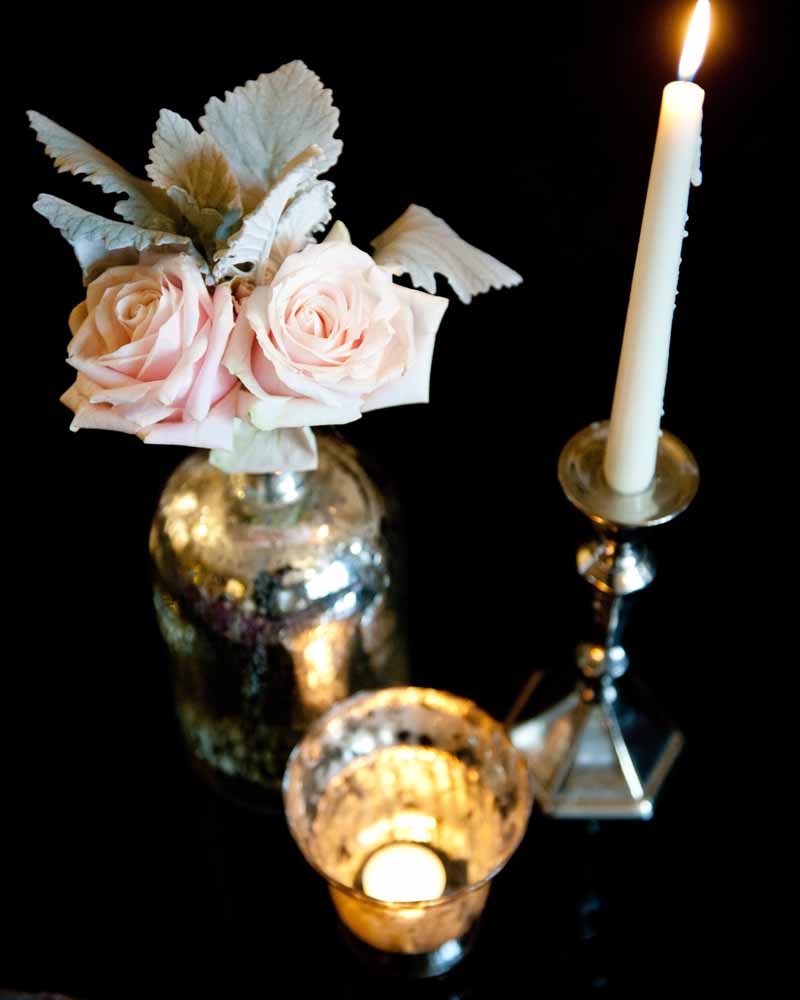 Mercury silver bottles and candle light with blush pink roses - winter wedding Hampton Manor by Passion for Flowers @kmorganflowers