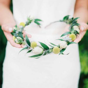 Yellow and green flower crown for bright summer wedding in garden marquee craspedia yellow billy balls cream rose buds and soft ruscus