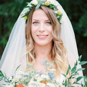 Yellow and green flower crown for bright summer wedding in garden marquee craspedia yellow billy balls cream rose buds and soft ruscus