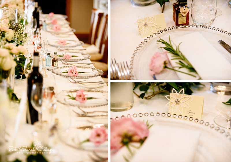 lisianthus flowers and rosemery place settings on napkins