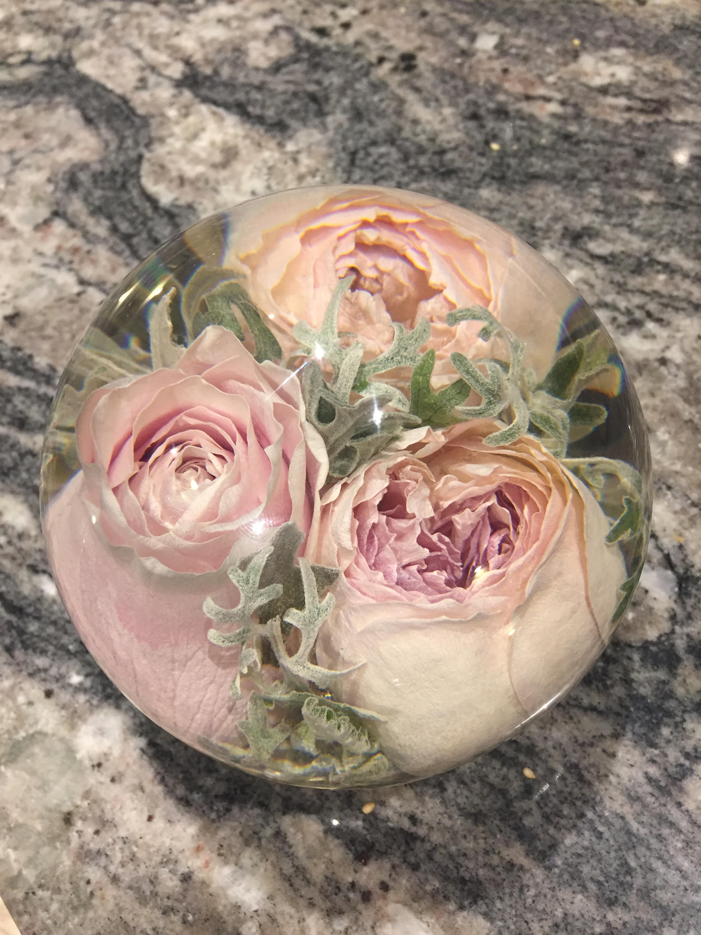 Bridal bouquet preserved in beautiful paper weight - Flower Preservation Workshop