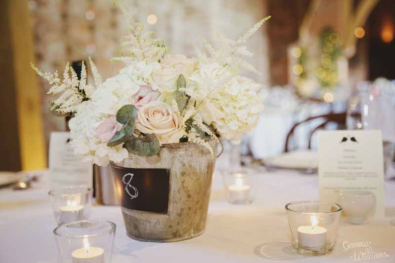 Blackboard-centrepieces-with-beautiful-hudrangeas-roses-and-astilbe-at-Shustoke-Farm-Barns