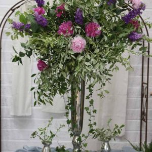 Tall Silver Vase Wedding Centrepieces with natural flowers pink purple blue learn how to make one at Passion for Flowers 1-2-1 flower school (1)