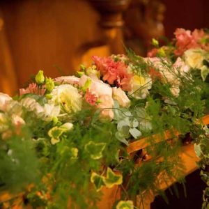 Luxury flowers in wooden crates Stanbrook Abbey wedding