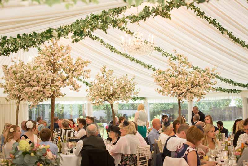 Marquee wedding decoration by Passion for Flowers ivy from ceiling tree within marquee
