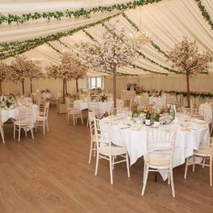 Stanbrook Abbey marquee wedding centrepieces ivy from celiing tree in marquee