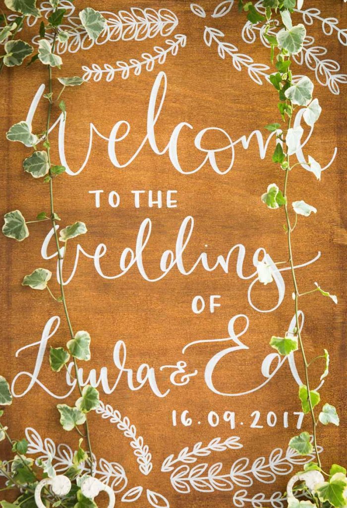 Welcome wedding sign Laura Ed Stanbrook Abbey