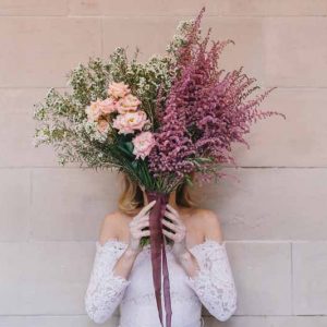 Large bridal bouquet pink astille lisianthus wax flower