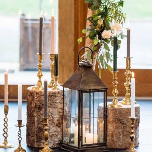 Tree-stumps-and-gold-candlestciks-rustic-glamour-wedding-ceremony-styling.