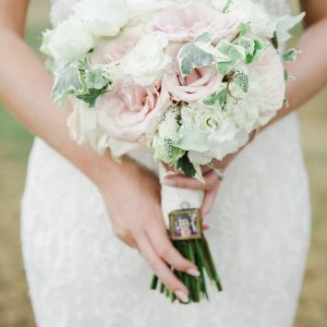 BLush pink roses ivy wedding bouquet with photo charm