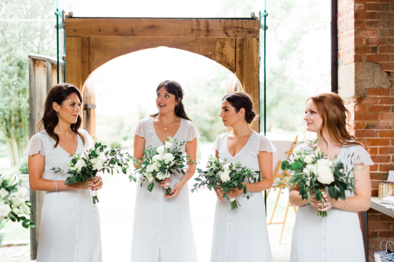 Shustoke Farm Barns wedding dove grey bridesmaids dresses timeless organic style white green bouquets Passion for Flowers