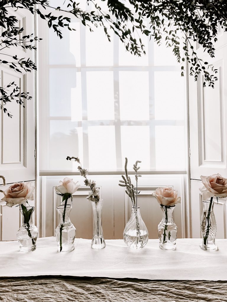 Bud vases window sill wedding styling Compton Verney by Passion for Flowers