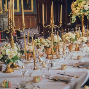 Eastnor Castle Wedding Florist Long Banquet Tables Gold Styling