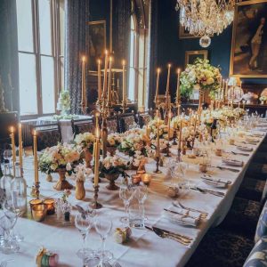 Eastnor Castle Wedding Florist Elegant Gold Candlelight Long Tables