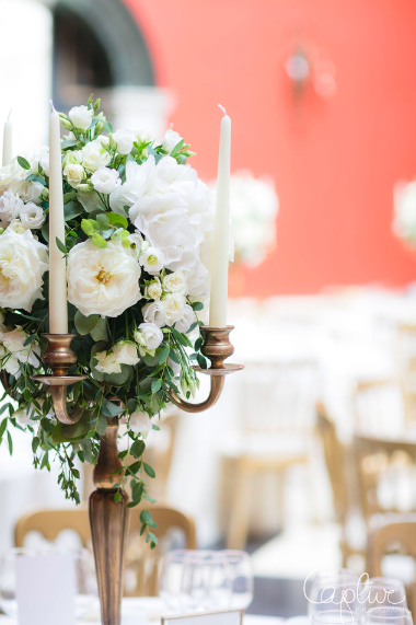 Gold candelabra wedding centrepieces Hampton Court House Passion for Flowers